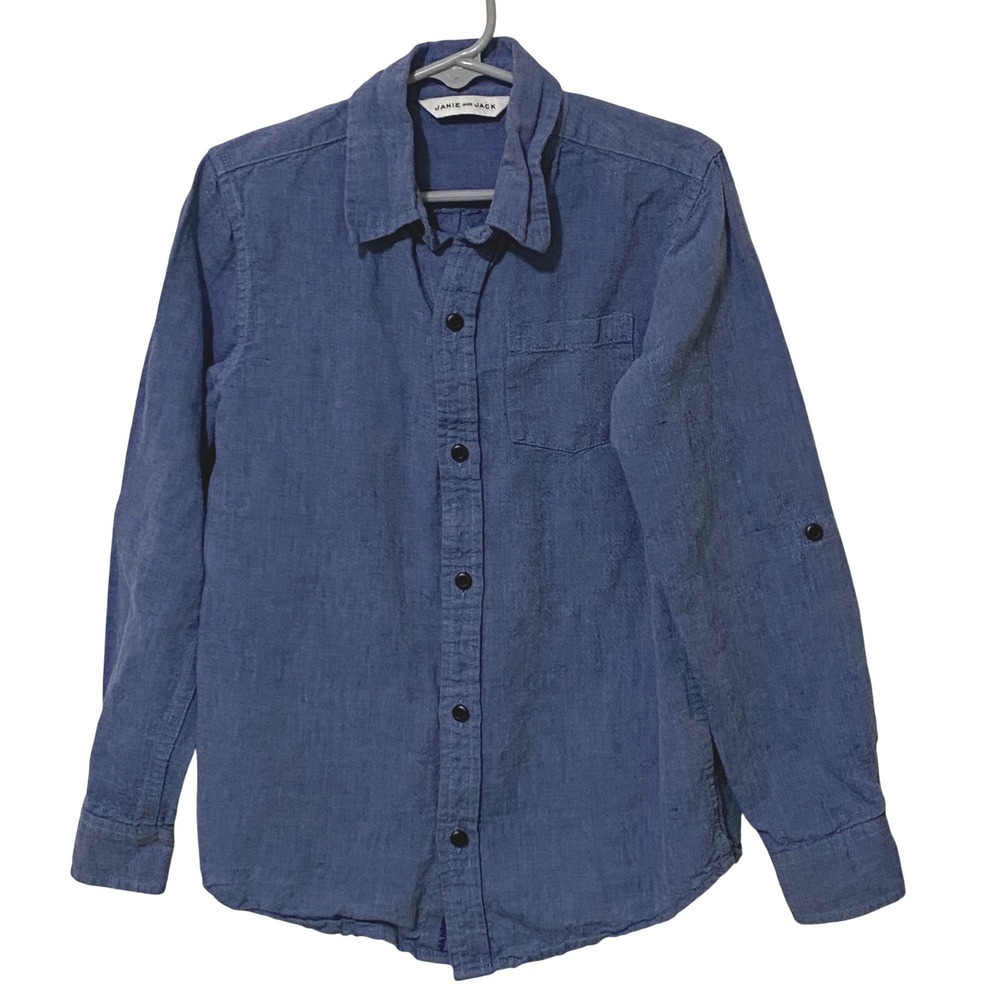 Janie and Jack Boys Blue Linen Cotton Roll Tab Button Down Shirt Coastal Western